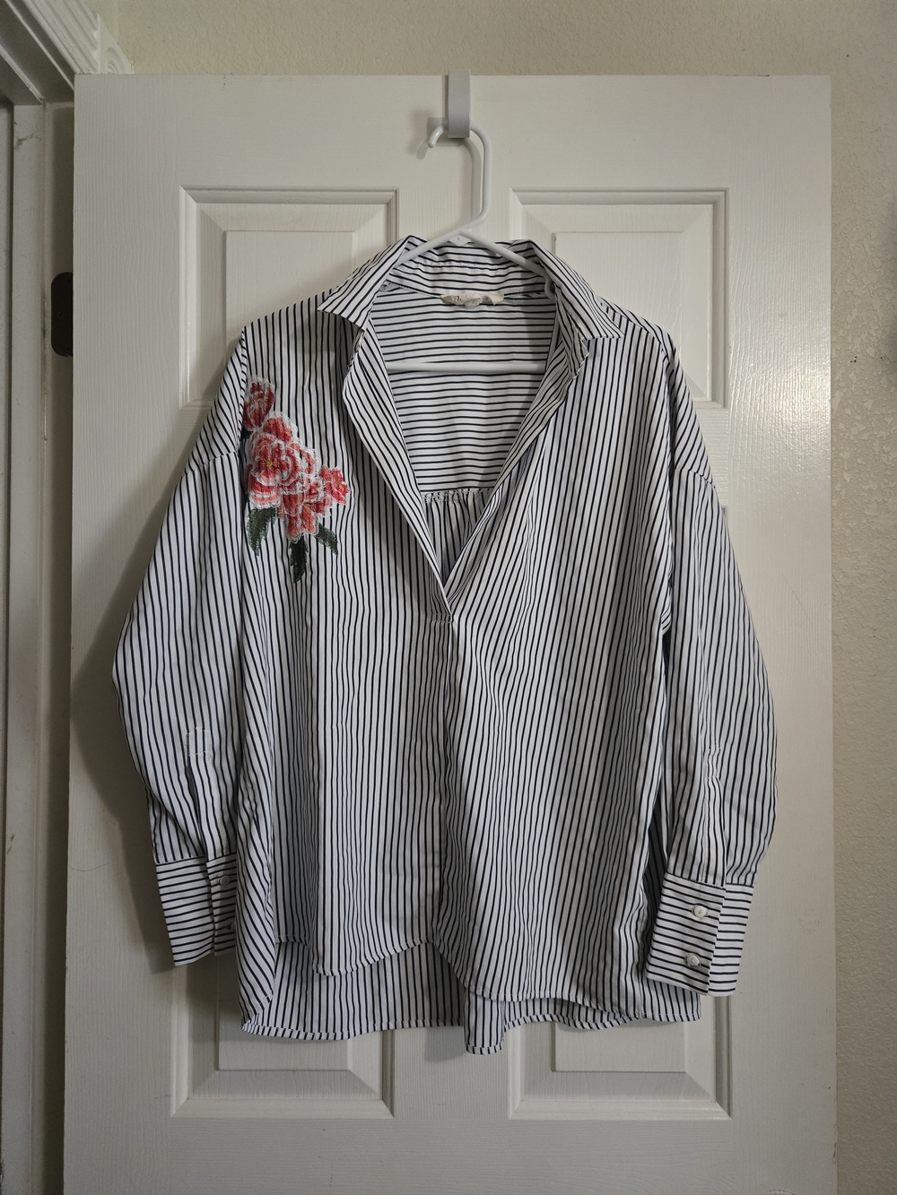 Striped V-Neck Tunic Top with Pink Floral Embroidery